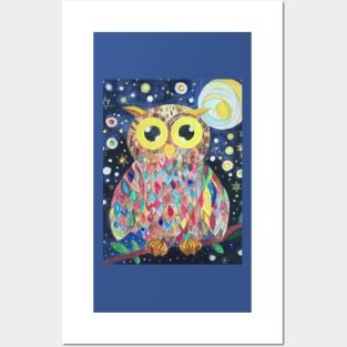 Cute multicoloured rainbow owl jewelled silver gold painting Posters and Art